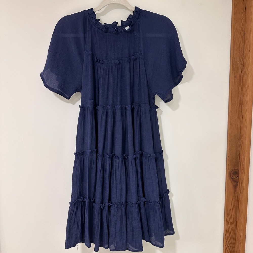 ShopTheMint Tiered Ruffle Mini Dress Women Size M Navy Blue Flutter Sleeve Boho